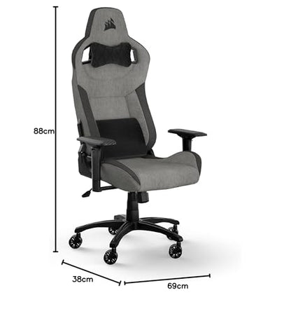 Corsair T3 Rush Fabric Gaming Chair (2023) – Racing-Inspired Design – Soft Fabric Exterior – Padded Neck Cushion – Memory Foam Lumbar Support – Adjustable Seat Height – Gray & Charcoal