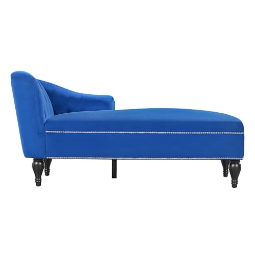 Merax 58'' Velvet Chaise Lounge, Button Tufted Right Arm Facing Lounge Chair with Nailhead Trim & Solid Wood Legs, Sleeper Lounge Sofa for Living Room, Bedroom, Office (Blue)