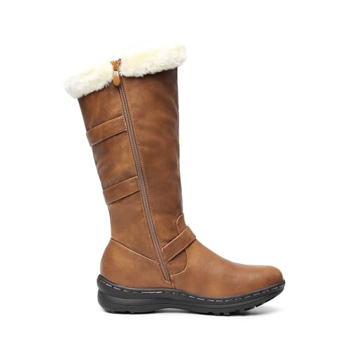 DREAM PAIRS Women Knee High Fully Fur Lined Boots,Camel/Pu,9