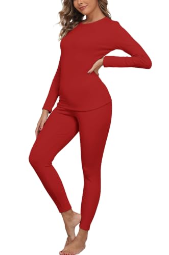 GRECERELLE Thermal Underwear for Women Base Layer Pajama Set, Red-M