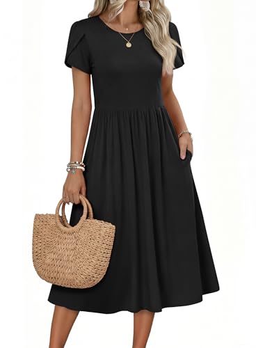 Zeagoo Dresses for Women 2026 Summer Short Sleeve Aline Dress Loose Flowy Tshirt Dress Beach Sundresses with Pockets Flare Midi Long Dresses Black Shirt Dress