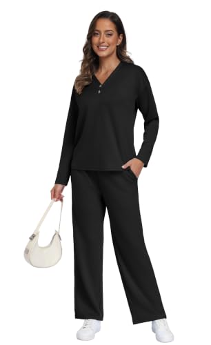PrinStory Women's 2 Piece Lounge Set Straight Leg Pants Travel Airport