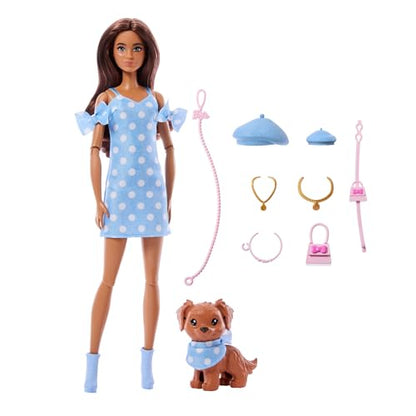 Barbie Twinning Looks Doll and Pet Dog in Matching Outfit and Accessories