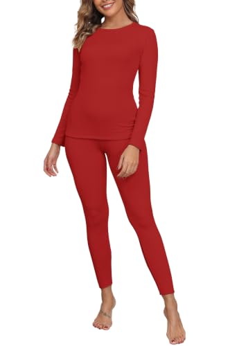GRECERELLE Thermal Underwear for Women Base Layer Pajama Set, Red-M