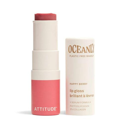 ATTITUDE Oceanly Sheer Lip Gloss Stick, Made in Canada, EWG Verified, Titanium Dioxide-Free, Vegan Makeup & Beauty, Plastic-Free, Happy Berry, 3.4 grams