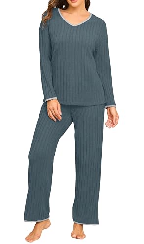 VINTATRE Women's Pajama Sets Long Sleeve Casual 2 Piece Lounge Set Pjs Outfit Fall Sleepwear 2025 Medium Blue-M