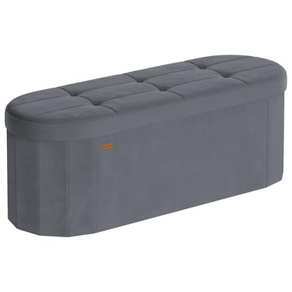 SONGMICS Folding Ottoman with Storage, Oval Storage Ottoman Bench, for Living Room, Velvet Fabric, 38 x 110 x 38 cm, Slate Gray ULSF297GN01