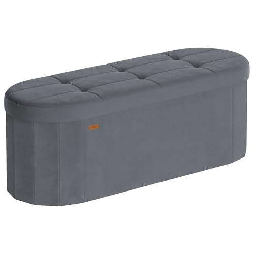 SONGMICS Folding Ottoman with Storage, Oval Storage Ottoman Bench, for Living Room, Velvet Fabric, 38 x 110 x 38 cm, Slate Gray ULSF297GN01
