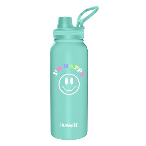 Hurley 32 Oz Reusable Water Bottle with Chug Cap Stainless Steel Sports Bottle "I'M HAPPY" Design with Handle on Lid, Mint