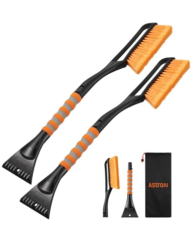 AstroAI 27" Snow Brush & Ice Scraper for Car Windshield Snow Remove, 2 Pack | Orange, Durable Heavy Duty Bristles, Scratch-Free, Detachable, Foam Grip, Winter Accessory for Car, SUV, Truck, Storage Bag