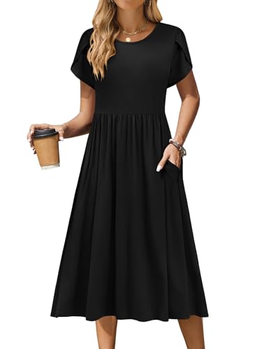 Zeagoo Dresses for Women 2026 Summer Short Sleeve Aline Dress Loose Flowy Tshirt Dress Beach Sundresses with Pockets Flare Midi Long Dresses Black Shirt Dress