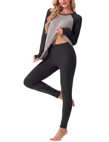 GRECERELLE Women's Thermal Underwear Set Top & Bottom Layer, Gray Black-S