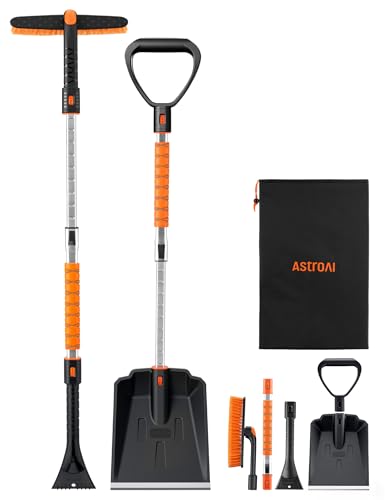 AstroAI 2" 1 Snow Brush Kit, 46" Ice Scraper &43" snow shovel for Car | 360° Pivoting Snow Brush, Extendable Snow Shovel with Foam Grip for Car, Trucks, SUVs, Vehicles（Orange）
