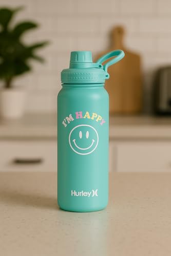 Hurley 32 Oz Reusable Water Bottle with Chug Cap Stainless Steel Sports Bottle "I'M HAPPY" Design with Handle on Lid, Mint