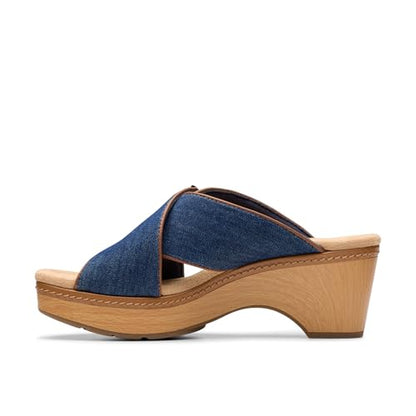 Clarks Collection Women's Seannah Nora Wedge Sandal, Dark Denim Textile, 8 Medium US