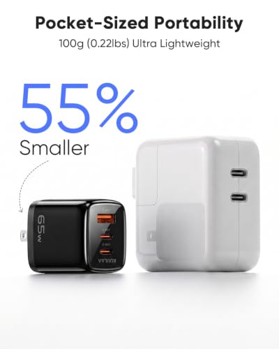 KUULAA 65W GaN USB-C Charger, 3-Port Compact Fast Charging Wall Adapter PPS Power Block for iPhone 17 16 15 14 13 12 and Samsung Galaxy S25 S24 S23