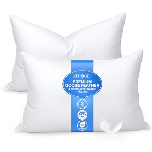 zibroges Goose Feather Pillow Queen Size Pack of 2, Medium Bed Pillows