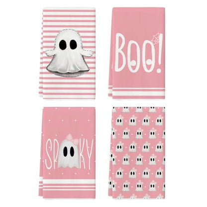 Artoid Mode Pink Ghost Halloween Kitchen Towels Set of 4 18x26 Inch