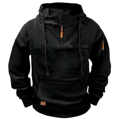 Men's Quarter Zip Up Cargo Hoodies Fall Fleece Lined Sweatshirt Black