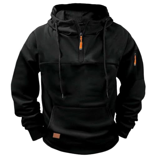 Men's Quarter Zip Up Cargo Hoodies Fall Fleece Lined Sweatshirt Black