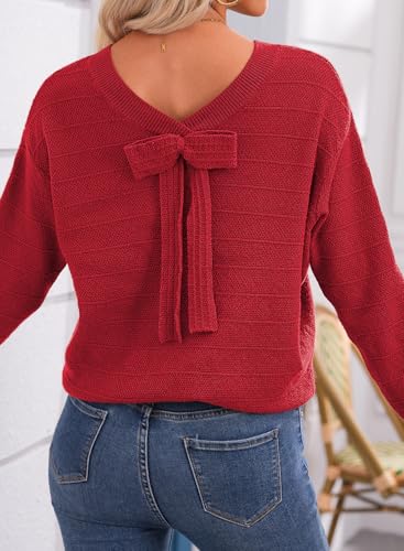 EVALESS Bow Sweaters for Women Pullover Knit Tops Fall Outfits Red S | Back Bow Detail Round Neck Sweater, Cute Long Sleeve Tops, Fall Fashion 2026 Teacher Outfits, Holiday Dressy Casual Wear