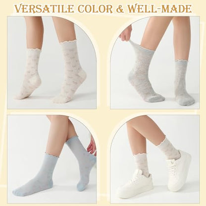 scenicamp 6 Pcs Lace Ruffle Socks for Women, Sheer Frilly Thin Dress Socks
