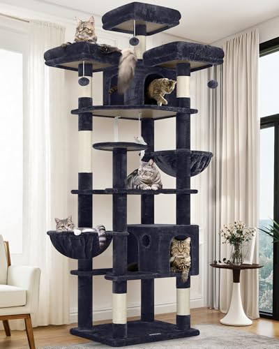 Globlazer Cat Trees and Towers for Multiple Adult Cats, 82-inch XXL Tall Cat Tree Tower for Indoor Cats with Scratching Post, 3 Perches, 2 Hanging Baskets, 2 Condos, Dark Grey, F82