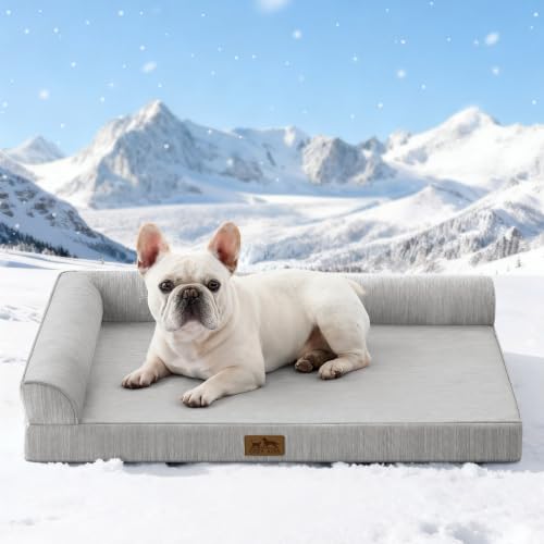 COZY KISS Cooling Dog Bed, Q-Max >0.4 Orthopedic Foam Dog Bed with Sides, Removable Cover & Waterproof Lining and Nonskid Bottom, Comfortable Pet Beds for Dogs, Grey (36" L x 27" W x 6.5" Th)