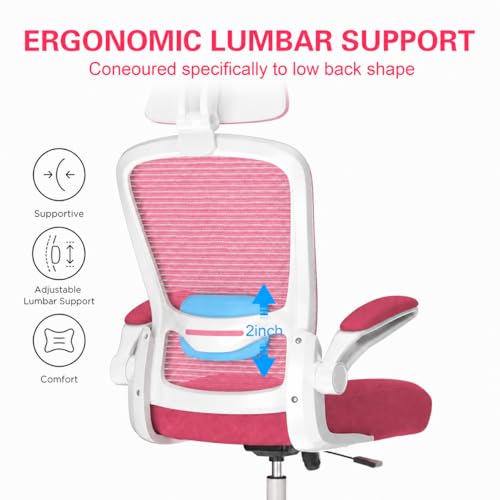 Mimoglad Office Chair, Comfy Desk Chair - High Back Ergonomic Computer Chair with Adjustable Lumbar Support & Headrest, Flip-up Armrests for Guitar Playing (Barbie Pink)
