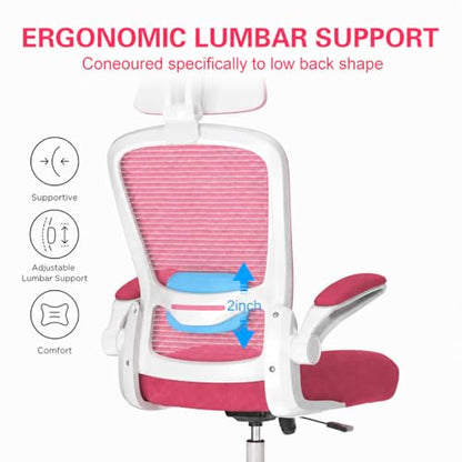 Mimoglad Office Chair, Comfy Desk Chair - High Back Ergonomic Computer Chair with Adjustable Lumbar Support & Headrest, Flip-up Armrests for Guitar Playing (Barbie Pink)