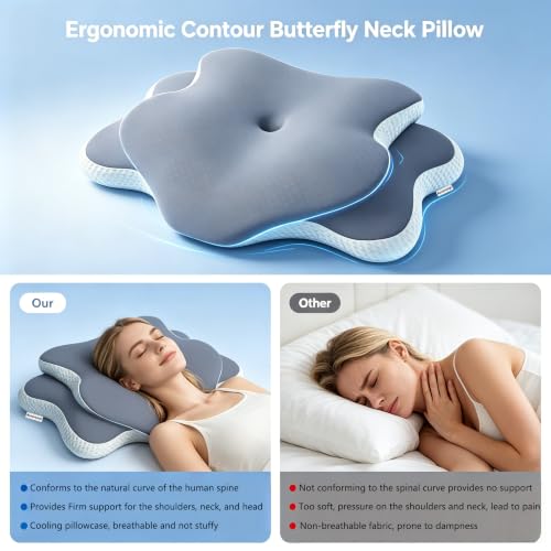 Cervical Neck Pillow Memory Foam, 2 in 1 Butterfly Contour Pillow for Neck Pain Relief, Ergonomic Support Pillow with 2 Heights for Side Back Stomach Sleeper, Breathable Ice Silk Cover
