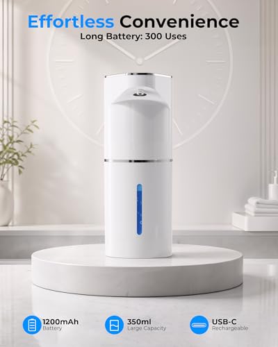 Automatic Soap Dispenser Touchless, Rechargeable Hands-Free Soap Dispenser with Infrared Sensor, 6 Adjustable Foam Levels, LED Display, IPX4 Waterproof, 350ml for Bathroom Kitchen, White