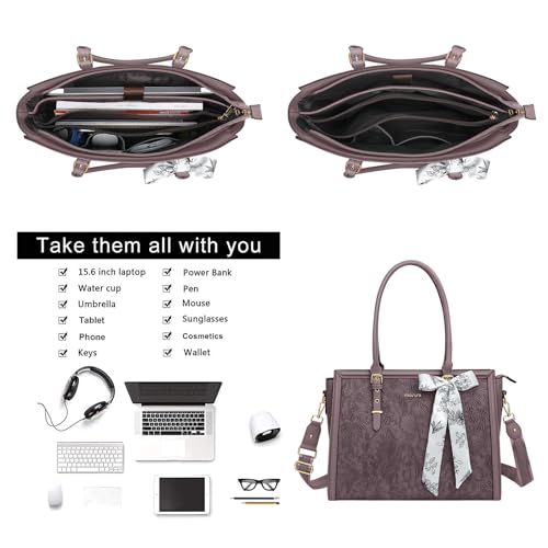 MOSISO Laptop Bag for Women, 15.6-16 inch PU Leather Tote Bag, Slate Purple
