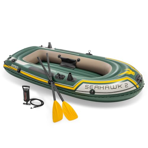 INTEX 68347EP Seahawk 2 Inflatable Boat Set: Includes Deluxe 48in Aluminum Oars and High-Output Pump – SuperStrong PVC – Fishing Rod Holders – 2-Person – 520lb Weight Capacity