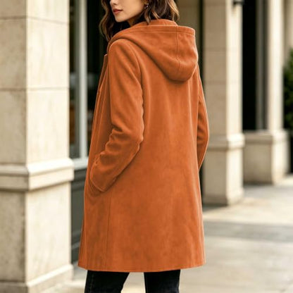 Womens Trench Coat Faux Suede Hooded Long Jacket Button Down Long Pea Coat