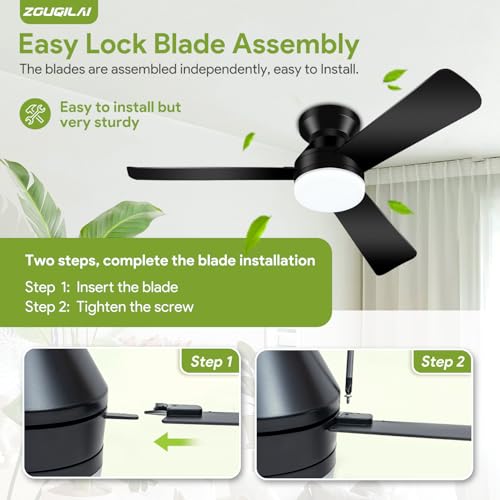 ZOUQILAI 42" Black Ceiling Fans with Lights and Remote, Low Profile Ceiling Fan with Light, Reversible DC Motors, 3CCT Dimmable Timer Noiseless, Flush Mount Ceiling Fan for Bedroom/Living Room