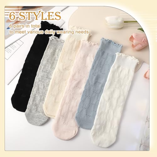 scenicamp 6 Pcs Lace Ruffle Socks for Women, Sheer Frilly Thin Dress Socks