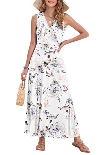 WNEEDU Wedding Guest Dresses for Women Maxi Empire Waist Flowy Summer Dress, Floral White XL