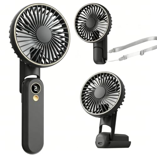 Hand Held Fan, Handheld Fan USB Rechargeable Fans with 5 Speeds 4000mah, Portable Mini Powerful Personal Fan Foldable Fans for Outdoor Office Travel Camping School Home (Black)