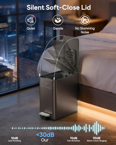 GTOOBOSE 10L/2.6G Slim Bathroom Trash Can, Narrow Stainless Steel Soft-Close Step Pedal Bin with Lid, Odor Control Carbon Box, Removable Inner Bucket, Small Waste Bin for Bedroom, Office, RV (Gray)