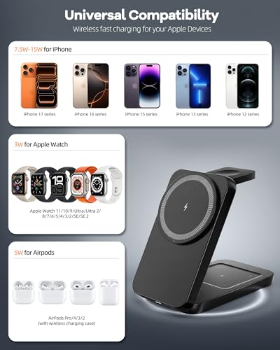 Wireless Phone Charger 15W magnetic Station charging iPhone Watch Earbuds | 3-in-1 15W Qi magnetic charging; fits MagSafe-ready Phones; foldable; LED indicator; for Watch & Earbuds