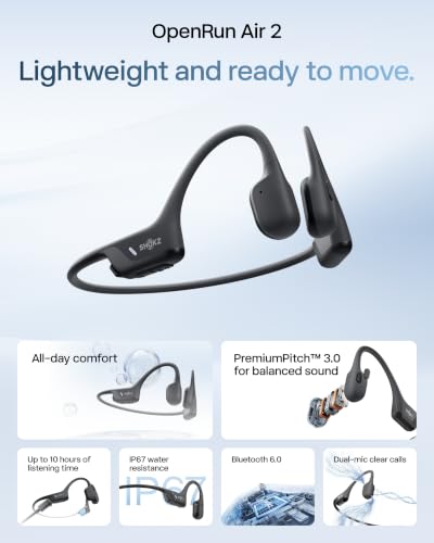 SHOKZ OpenRun Air 2 Bone Conduction Bluetooth Sport Headphones, Black