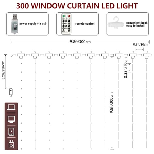 Home Lighting Window Curtain String Lights, 300 LED 8 Lighting Modes, Copper String Lights with Remote Control, USB Powered, Waterproof for Christmas Bedroom Party