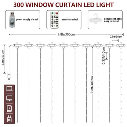 Home Lighting Window Curtain String Lights, 300 LED 8 Lighting Modes, Copper String Lights with Remote Control, USB Powered, Waterproof for Christmas Bedroom Party