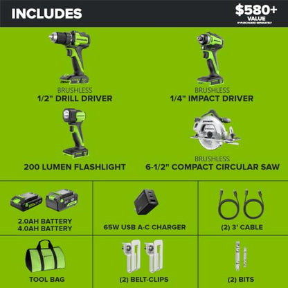 Greenworks 24V Cordless Brushless Combo 400 in-lbs Drill/Driver +1950 in-lbs Impact Driver +6.5" Circular Saw +200LM Flashlight, 2.0Ah + 4.0Ah Batteries (24,000mAh Power Bank) and 65W USB-C Charger