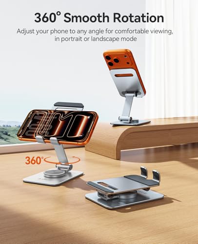 ORICO Aluminum Phone Stand for Desk, Adjustable Metal Phone Holder with Stable Support and Smooth 360° Rotation for Smartphones up to 6.9 Inches – Silver (PS2)