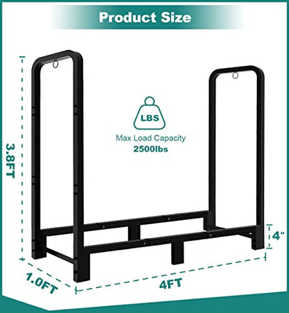 Fandature 4Ft Firewood Rack Adjustable Fireplace Wood Holder for Outdoor Indoor Storage Log-Heavy Duty Fire Log Lumber Stand Stacker, Black