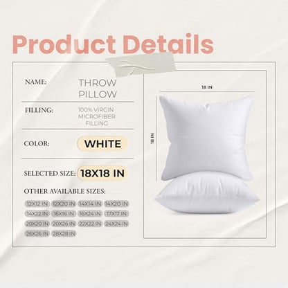 Utopia Bedding Throw Pillows Insert (Pack of 2, White) - 18 x 18 Inches Bed and Couch Pillows - Indoor Decorative Pillow