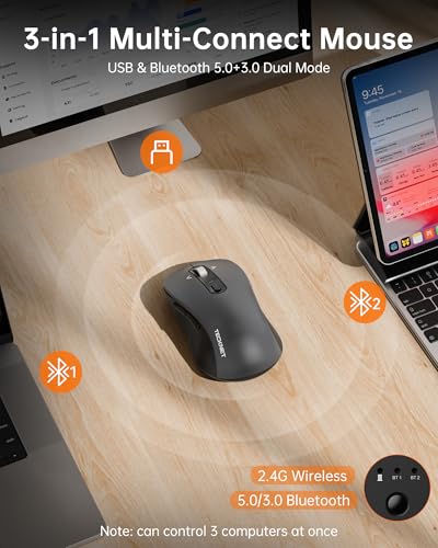 TECKNET Wireless Bluetooth Mouse with 4-Way Wheel for Laptop, 3-Device | [BT5.0+BT3.0+USB] Tri‑Mode Silent Mouse,6‑Level 4800 DPI,Ambidextrous,Ergonomic,for PC/Laptop/MacBook,Grey