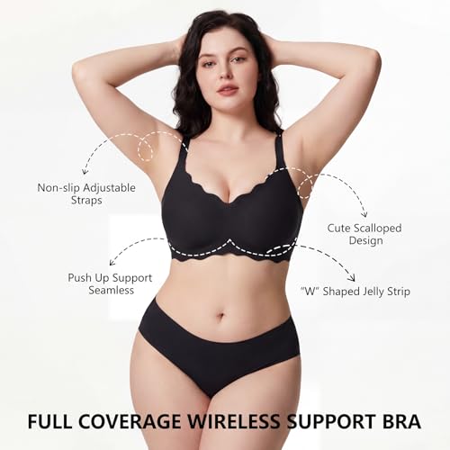 Qivolt Womens Deep V Bras,No Underwire Push Up Wireless Bralettes Seamless Soft Comfort Everyday Tshirt Bra (CA/US, Alpha, Small, Regular, Regular, B Black)